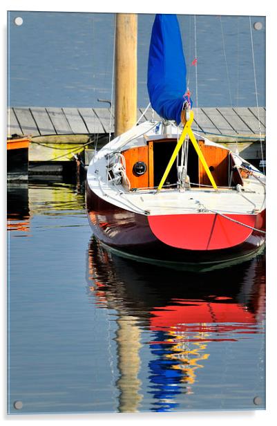 Red boat and reflections Rockland Maine USA Acrylic by Marianne Campolongo
