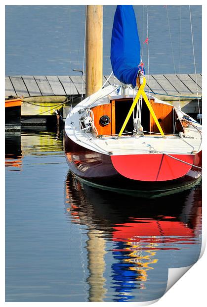 Red boat and reflections Rockland Maine USA Print by Marianne Campolongo