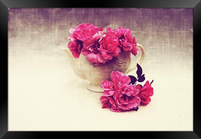 teapot with garden roses Framed Print by olga hutsul