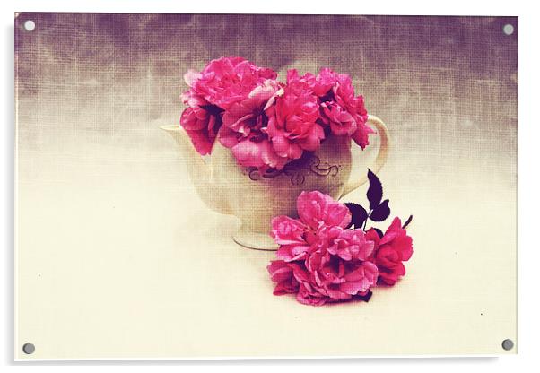 teapot with garden roses Acrylic by olga hutsul