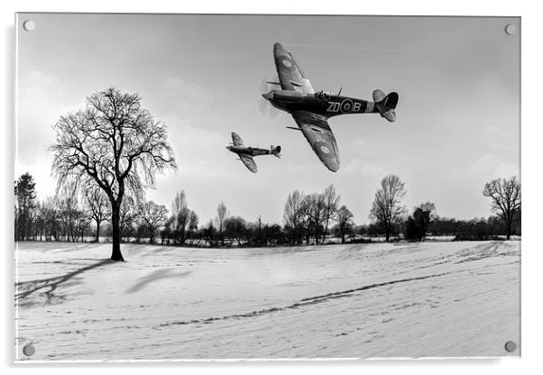 Low-flying Spitfires in winter B&W Acrylic by Gary Eason