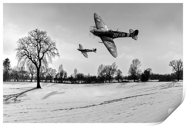 Low-flying Spitfires in winter B&W Print by Gary Eason