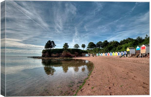 Reflections and Beach Huts at Corbyn Head Torquay Canvas Print by Rosie Spooner
