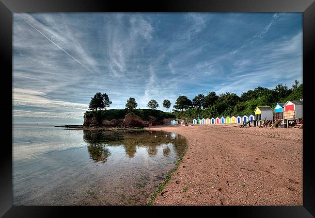 Reflections and Beach Huts at Corbyn Head Torquay Framed Print by Rosie Spooner