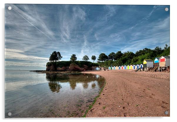 Reflections and Beach Huts at Corbyn Head Torquay Acrylic by Rosie Spooner