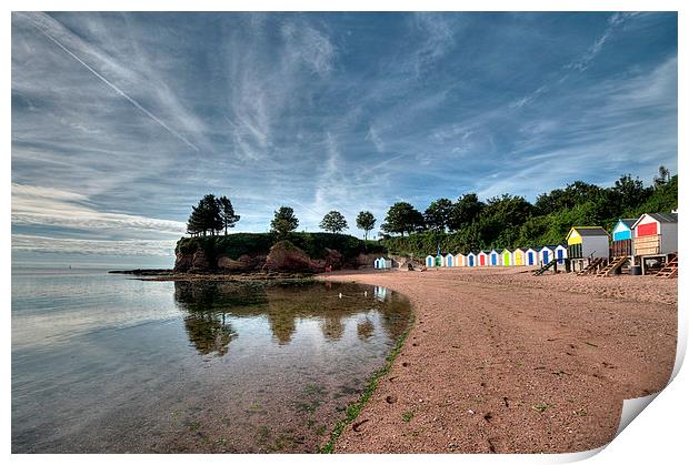 Reflections and Beach Huts at Corbyn Head Torquay Print by Rosie Spooner