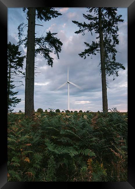 Wind turbine framed between two trees at dusk. Framed Print by Liam Grant