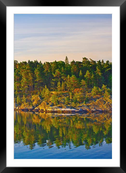 Wooded island at dawn Swedish coast Stockholm Arch Framed Mounted Print by Marianne Campolongo