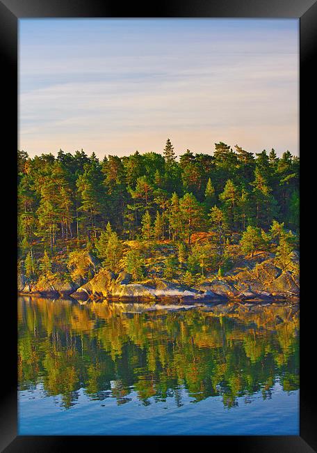 Wooded island at dawn Swedish coast Stockholm Arch Framed Print by Marianne Campolongo