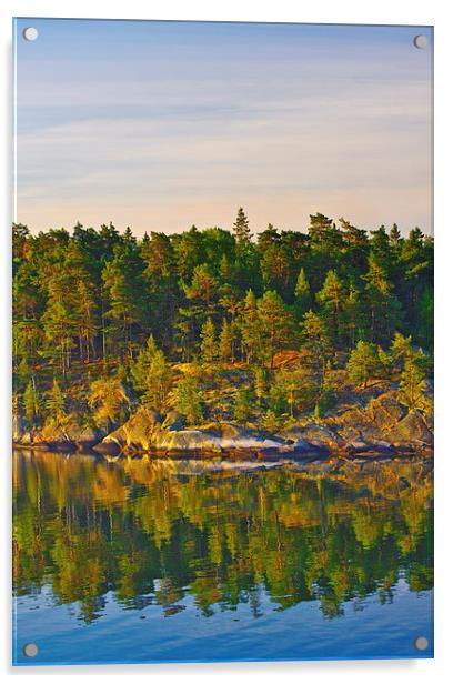Wooded island at dawn Swedish coast Stockholm Arch Acrylic by Marianne Campolongo