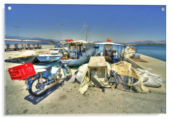 Bike & Boats at Nafplion Harbour Acrylic by Rob Hawkins