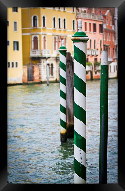 Green and White poles in Venice Framed Print by Steve Hughes