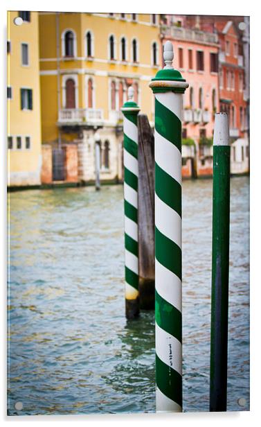 Green and White poles in Venice Acrylic by Steve Hughes