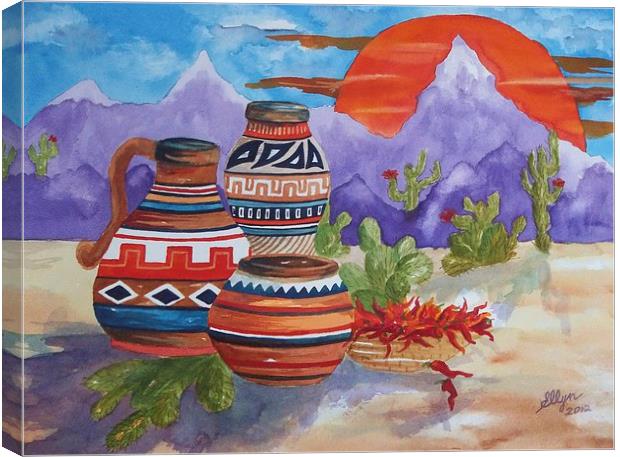 Painted Pots and Chili Peppers Canvas Print by ellen levinson