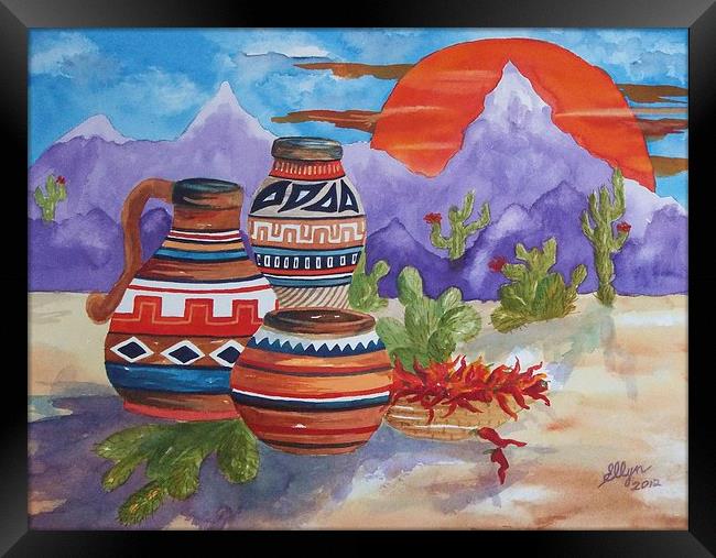 Painted Pots and Chili Peppers Framed Print by ellen levinson