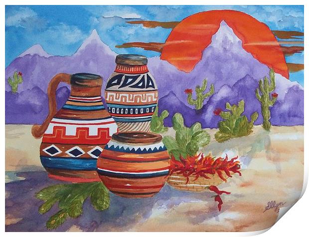 Painted Pots and Chili Peppers Print by ellen levinson