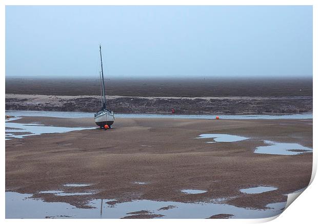 Boat at low tide on a foggy evening. Wells-next-th Print by Liam Grant