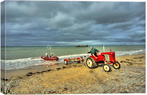 Red Tractor at Arrowmanches Canvas Print by Rob Hawkins