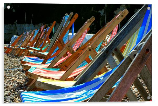 Deckchairs on the beach at Beer in Devon Acrylic by Peter McCormack
