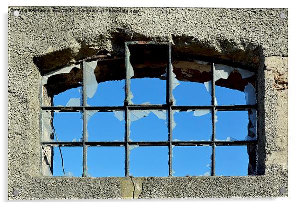A smashed window showinga  clear blue sky behind. Acrylic by Frank Irwin