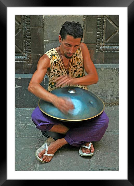 Street Musician in Barcelona Framed Mounted Print by Mike Crew