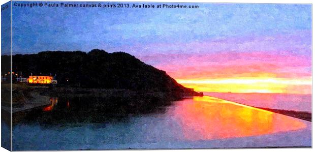 Sunset over Marine Lake,Clevedon Canvas Print by Paula Palmer canvas