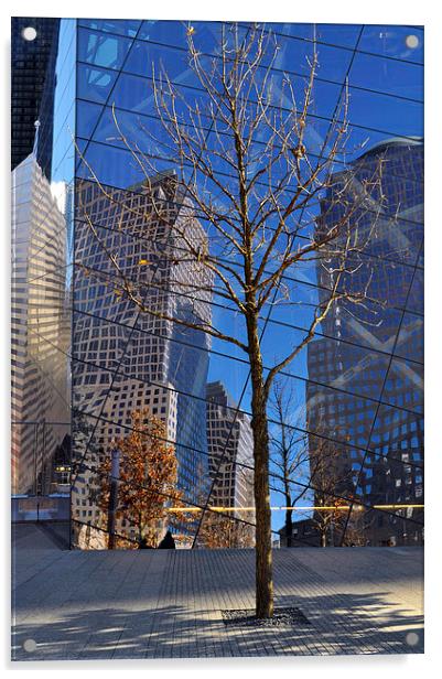 Mirrored  skyscrapers in New York - Ground Zero Acrylic by Maria Carter
