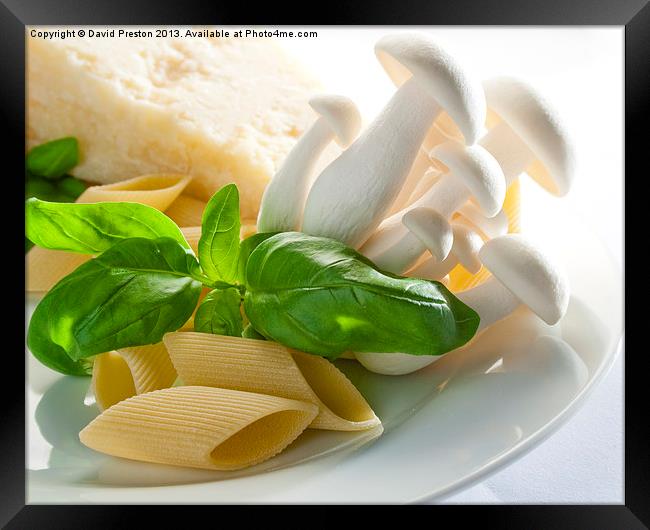 Cheese, mushrooms and pasta Framed Print by David Preston