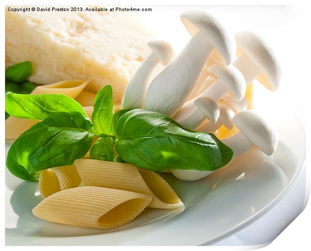 Cheese, mushrooms and pasta Print by David Preston
