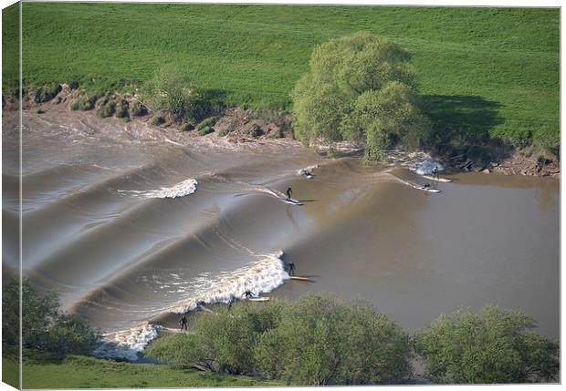 Surfers on the Severn Bore Aerial Canvas Print by mark humpage
