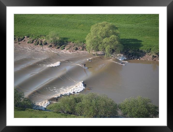 Surfers on the Severn Bore Aerial Framed Mounted Print by mark humpage
