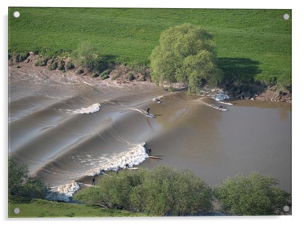 Surfers on the Severn Bore Aerial Acrylic by mark humpage