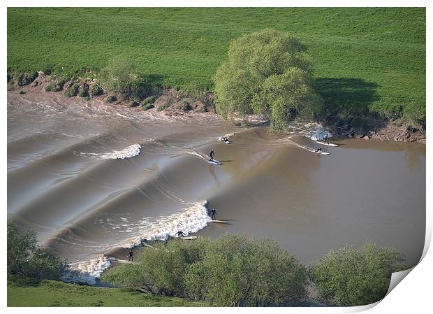 Surfers on the Severn Bore Aerial Print by mark humpage