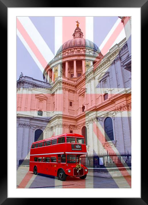 Red Bus and St Pauls Union Jack Flag Framed Mounted Print by David French