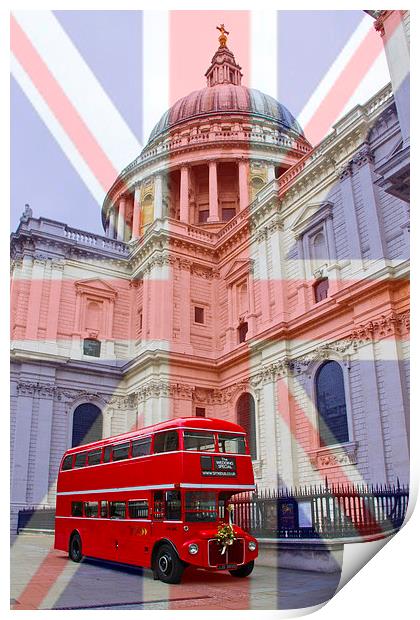 Red Bus and St Pauls Union Jack Flag Print by David French