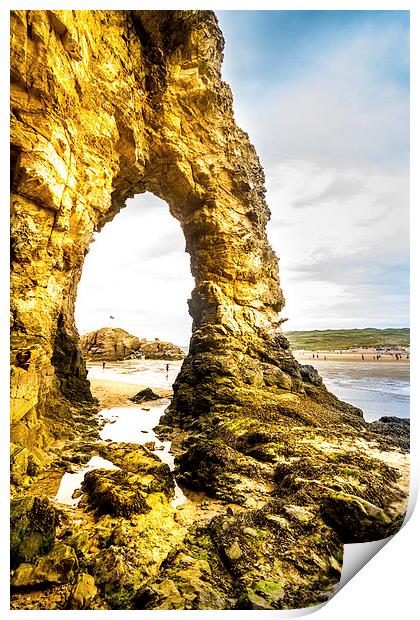 Perranporth beach Rock archway Print by Oxon Images