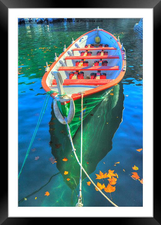 Dinghy and autumn leaves Framed Mounted Print by Jean Gill