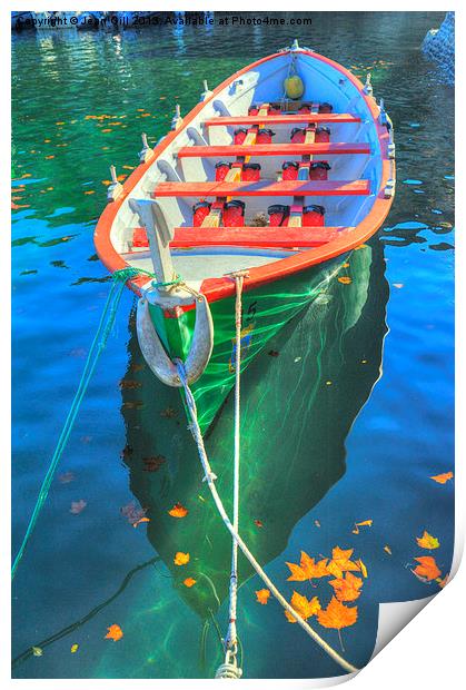 Dinghy and autumn leaves Print by Jean Gill