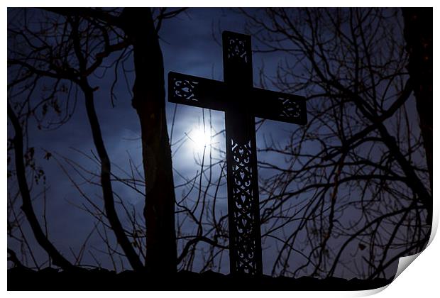 Cross on cemetery fence Print by Robert Parma