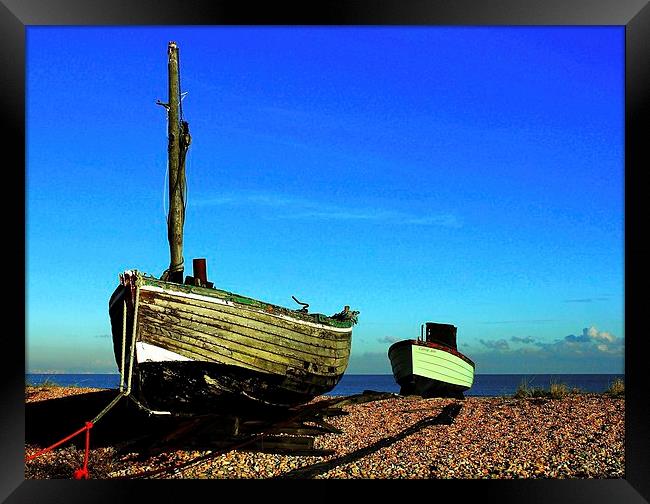 Greatstone Beach, Old Boats Framed Print by Robert Cane