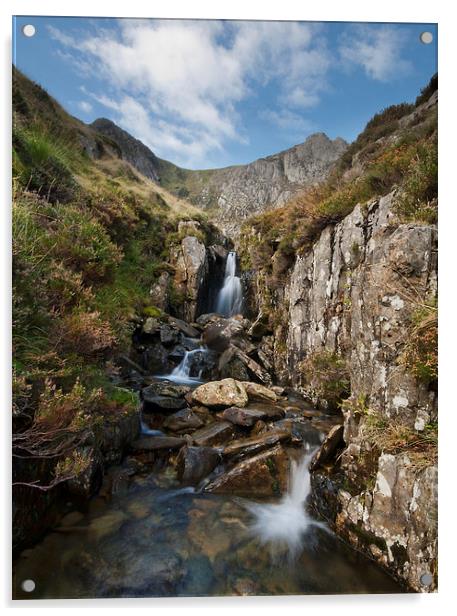 Waterfall above Llyn Idwal Acrylic by Eddie John