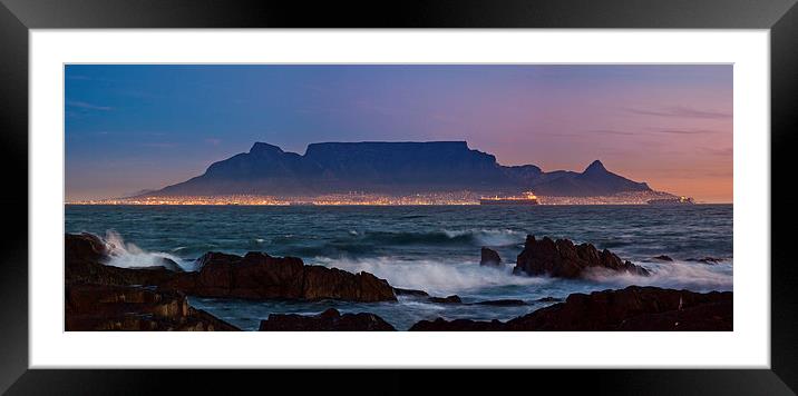 Table Mountain from Bloubergstrand Night Framed Mounted Print by John Hickey-Fry