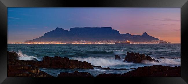 Table Mountain from Bloubergstrand Night Framed Print by John Hickey-Fry