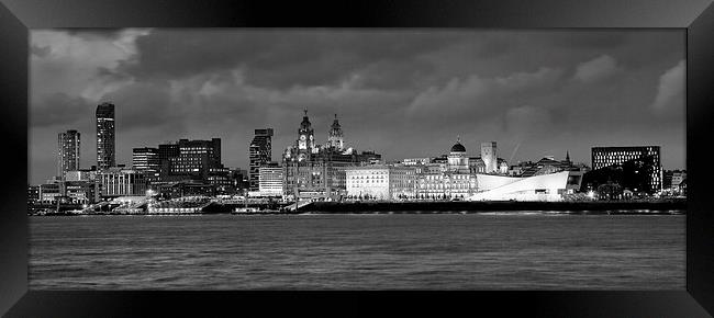Liverpool Waterfront at Night B&W Framed Print by John Hickey-Fry