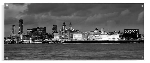 Liverpool Waterfront at Night B&W Acrylic by John Hickey-Fry