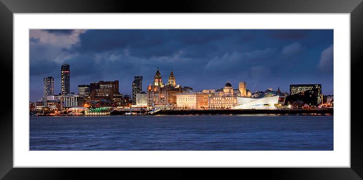 Liverpool Waterfront from Woodside Night Framed Mounted Print by John Hickey-Fry