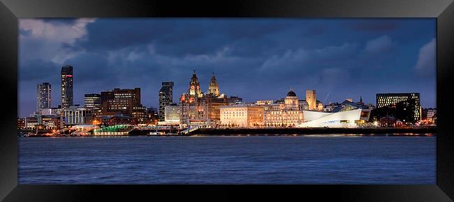 Liverpool Waterfront from Woodside Night Framed Print by John Hickey-Fry