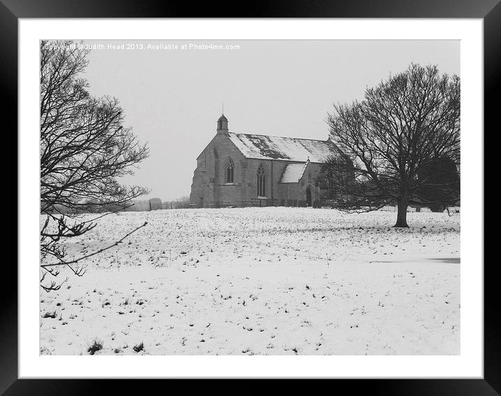 Village Church In Snow Framed Mounted Print by Judith Head