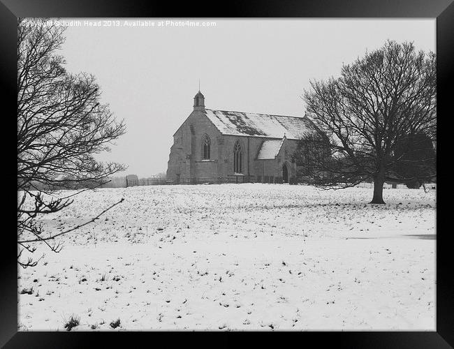 Village Church In Snow Framed Print by Judith Head