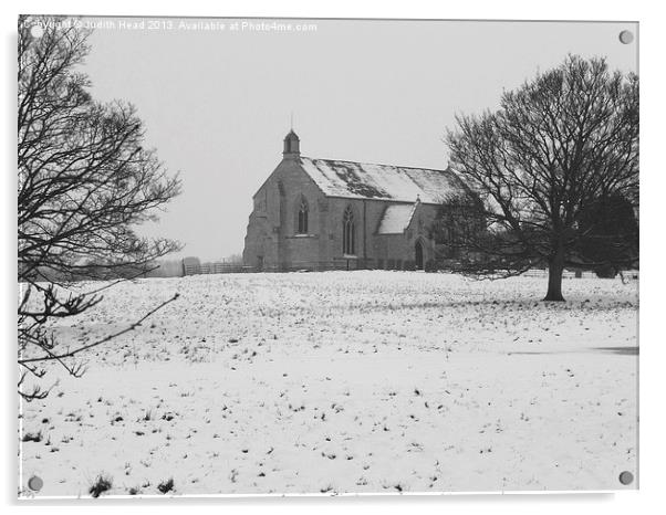 Village Church In Snow Acrylic by Judith Head